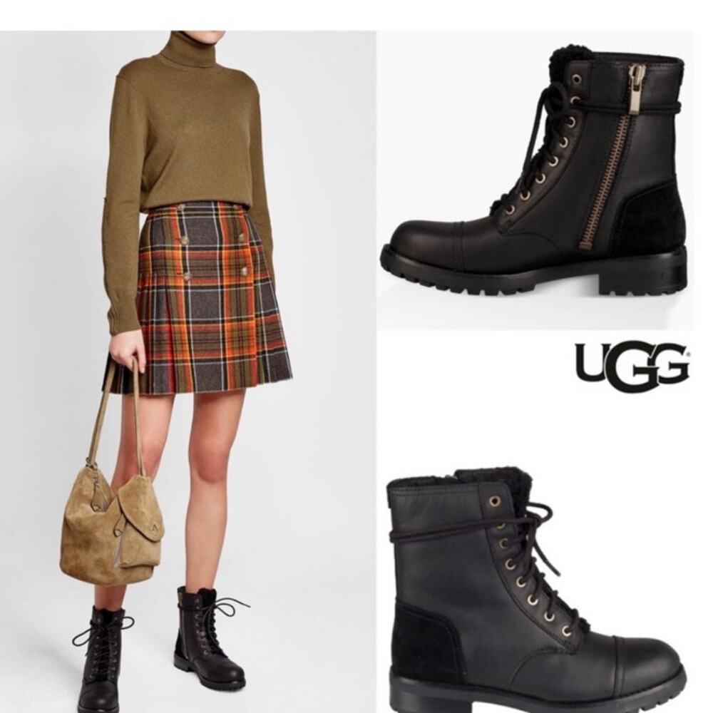 Ugg Kilmer II Black Moto Combat Chunky Sole Exposed Shearling Boots 12